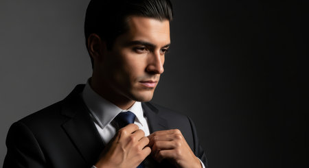 Caucasian young adult male in suit adjusting tie in studio portraitの素材