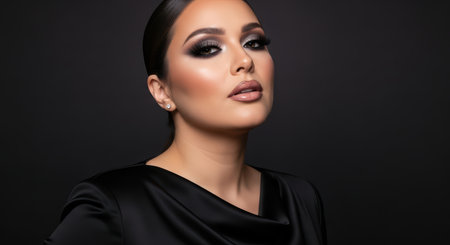 Confident hispanic female young adult in black with elegant makeup and dark backgroundの素材