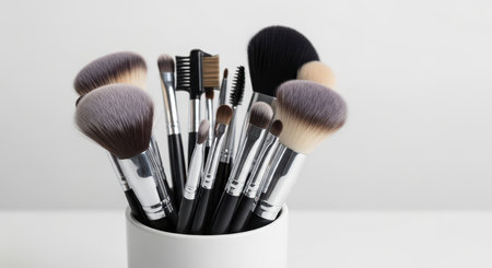 Assorted makeup brushes in white holder on white backgroundの素材