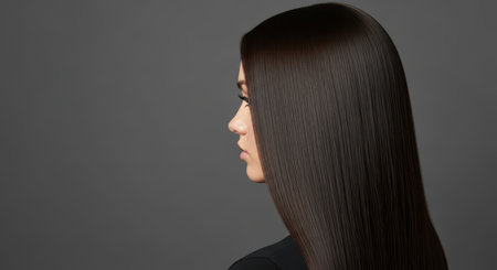 Profile of young asian female with smooth, straight brown hairの素材