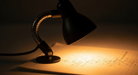 Desk lamp illuminating scientific notes in dim roomの素材