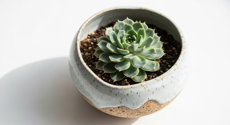 Green succulent plant in ceramic pot on white backgroundの素材
