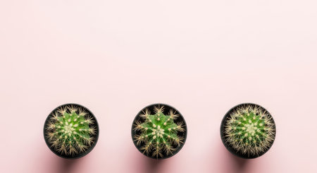 Three cacti in black pots on pastel pink backgroundの素材