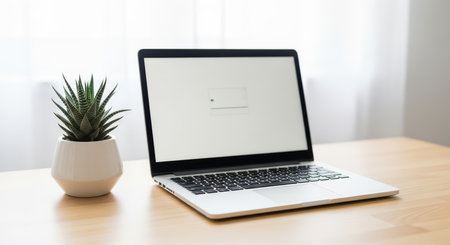 Open laptop with blank screen on wooden desk beside potted plant in minimalist settingの素材