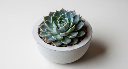 Vibrant echeveria succulent in minimalist gray pot on white backgroundの素材
