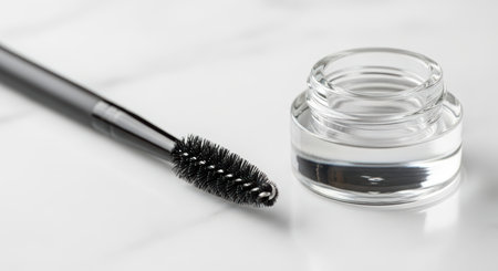Clear glass jar and black mascara brush on white backgroundの素材