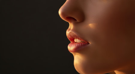 Close-up of female lips and nose in soft lightの素材