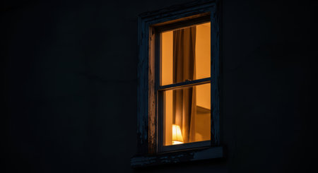 Cozy warmth in a dimly lit room seen through an aged window at nightの素材