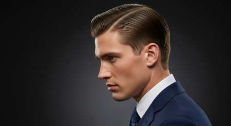 Young caucasian male in suit with slicked-back hair against dark backgroundの素材