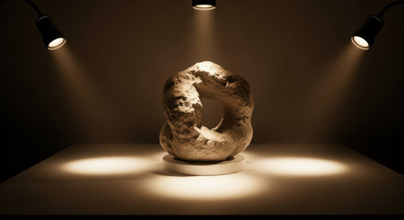 Abstract stone sculpture under spotlights on display standの素材
