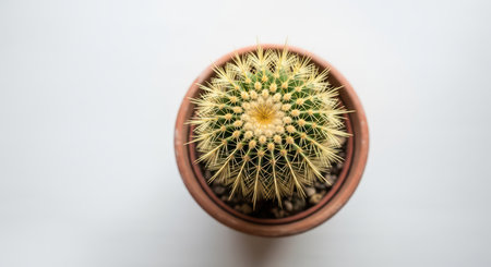 Top view of round cactus in brown pot highlighting spiky pattern and green textureの素材