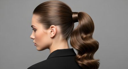 Young caucasian female with stylish wavy ponytail hairstyle in profile viewの素材