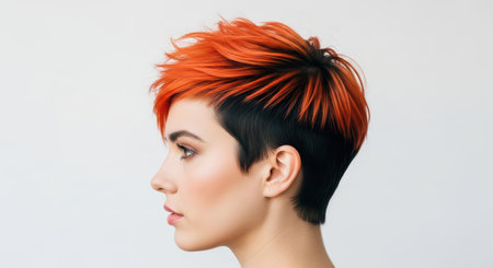 Young caucasian female with stylish short red hair in profile viewの素材