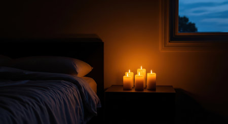 Cozy bedroom scene with lit candles on nightstand at duskの素材