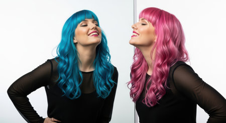 Young caucasian female with blue and pink hair smiling at reflectionの素材