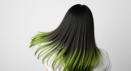 Asian female with long black hair and green tips in motion against white backgroundの素材