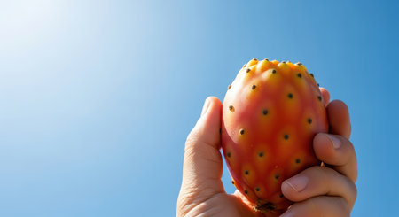 Hand holding prickly pear cactus fruit against clear blue skyの素材