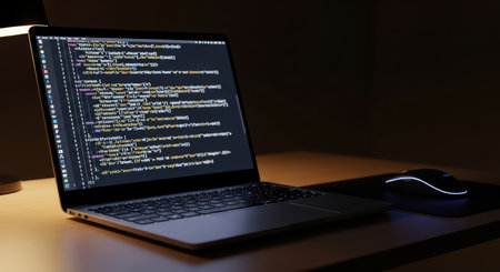 Laptop on desk with html code displayed on screen in dimly lit roomの素材