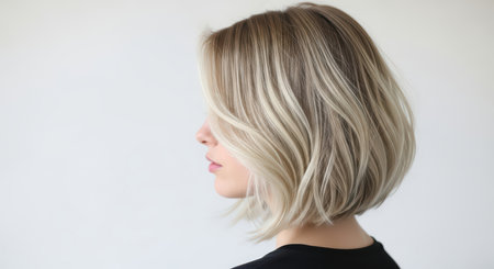 Caucasian female with short blonde bob hairstyle in profile viewの素材