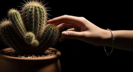 Female hand touching cactus in pot with bracelets on wrist in dark settingの素材