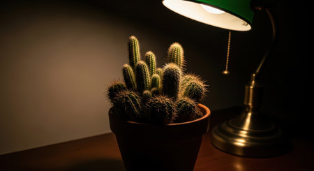 Potted cactus under warm desk lamp lightの素材