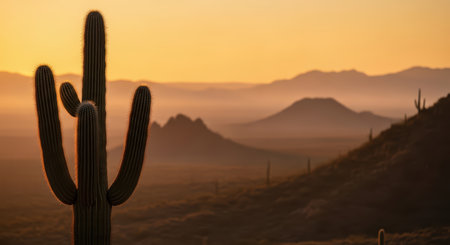 Sunlit desert landscape with cactus silhouettes at sunsetの素材