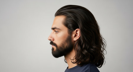 Male with long dark hair and beard in profile viewの素材
