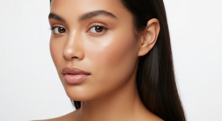 Young asian female with smooth skin and neutral expression against white backgroundの素材