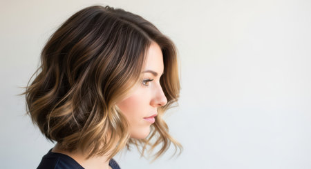 Caucasian young female with short wavy hair in profile against light backgroundの素材