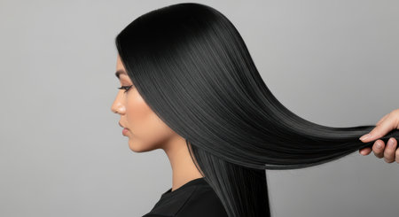 Asian female with sleek long hair side profileの素材