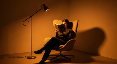 Female reading book under lamp in cozy ambient lightingの素材