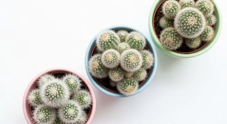 Top view of three cactus plants in colorful pots on white backgroundの素材