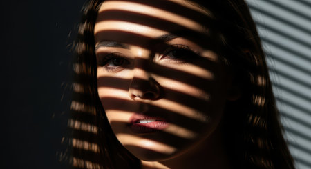 Young caucasian female face in shadow stripes from window blindsの素材