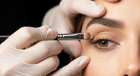 Caucasian female makeup application: close-up of eye shadow brush on eyelidの素材