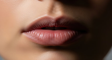 Close-up of female lips with natural skin texture and subtle lip colorの素材