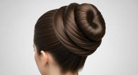 Elegant bun hairstyle on caucasian female adult with brown hairの素材