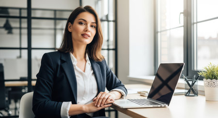 Confident young caucasian businesswoman in office with laptopの素材