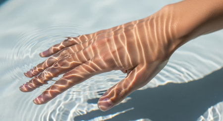 Sunlit hand submerged in rippling waterの素材