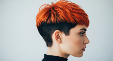 Young caucasian female with short red hair in profile view against gray backgroundの素材