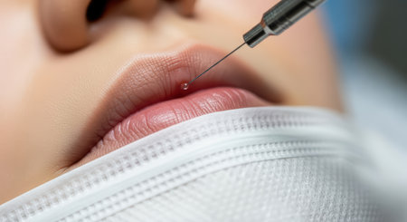 Close-up of cosmetic lip injection on female adultの素材