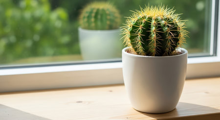 Green cactus in white pot on sunlit wooden window sillの素材