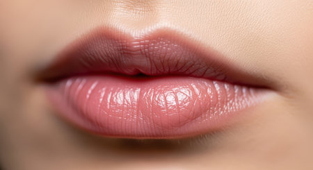 Close-up of female caucasian lips with natural makeup and smooth skinの素材