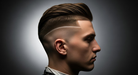 Young caucasian male with stylish fade haircut in profile viewの素材