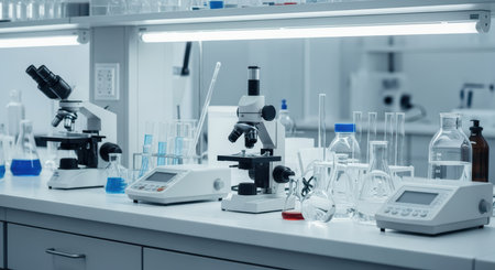 Modern laboratory with microscopes and glassware for scientific researchの素材