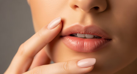 Close-up of female lips and fingers with nude nail polishの素材