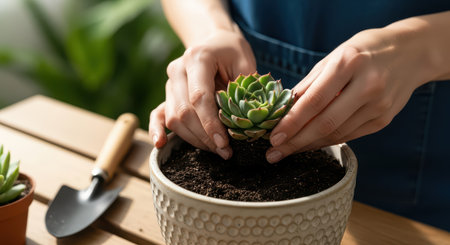 Female adult gardening indoors: planting succulents in decorative pot with garden toolsの素材