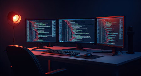 Tri-monitor coding setup with illuminated workspace in dark atmosphereの素材