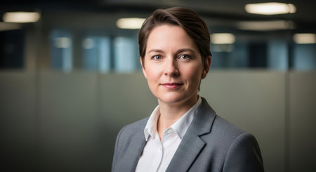 Caucasian female adult in business attire in office settingの素材