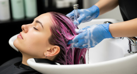 Female asian young adult with pink hair getting washed at salonの素材