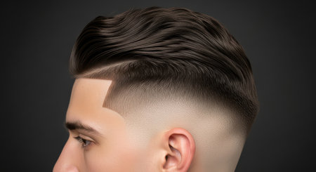 Young caucasian male with stylish fade haircut on dark backgroundの素材